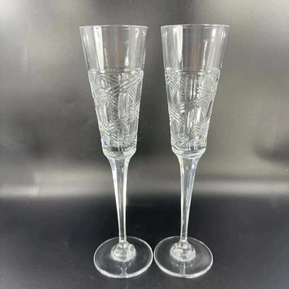 Mikasa Crystal Cross Track Clear Tall Crystal Glass Flute Drinking Glasses Set 2